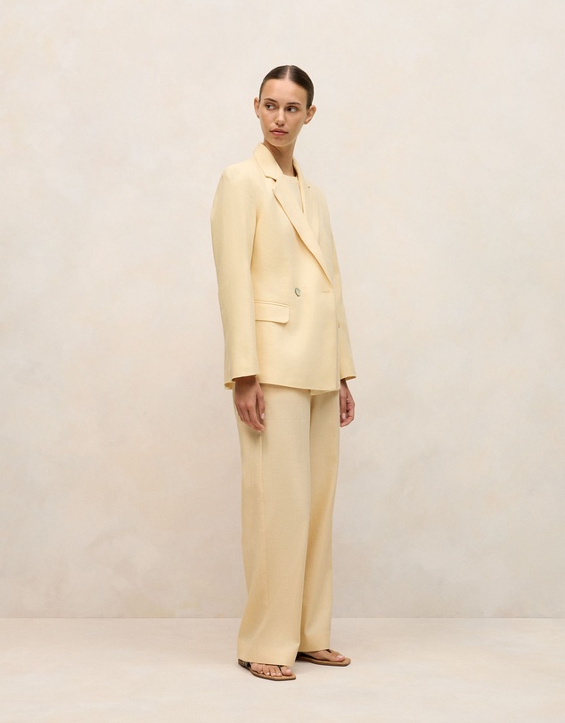 Trenery - Linen Cotton Herringbone Double Breasted Blazer in Butter
