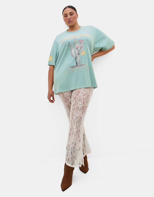 City Chic - Plus size Indigo Cactus Oversized Cotton Tee - sage