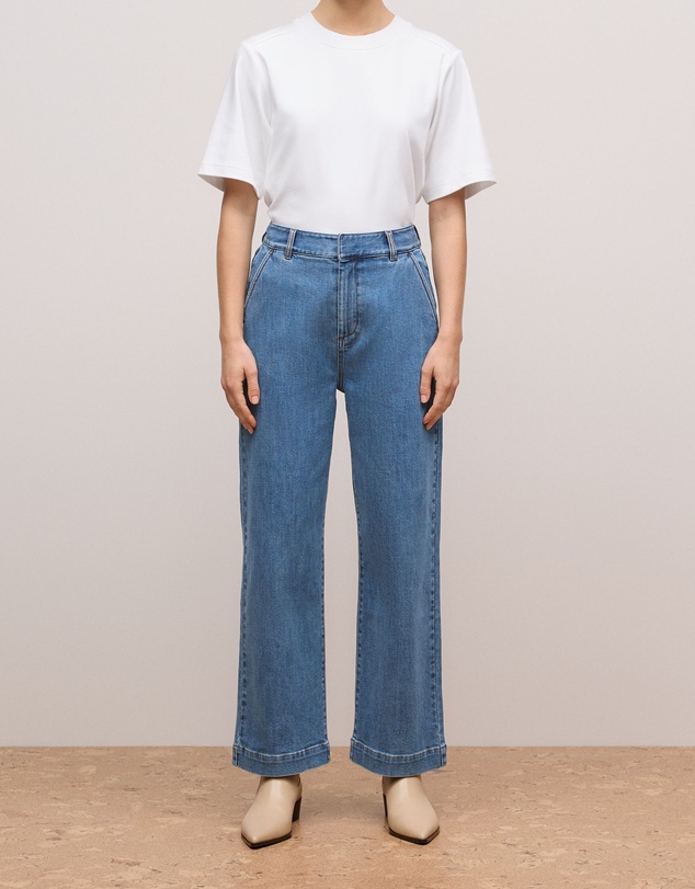 Trenery - Australian Cotton Blend Denim Tailored Pant in Mid Blue