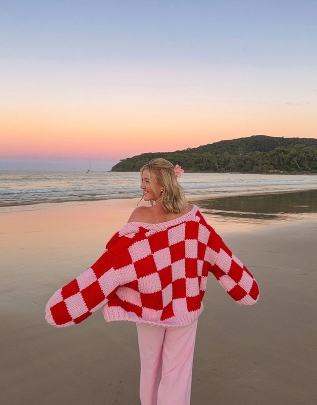 Beginning Boutique - Envi Pink And Red Checkered Knit Cardigan