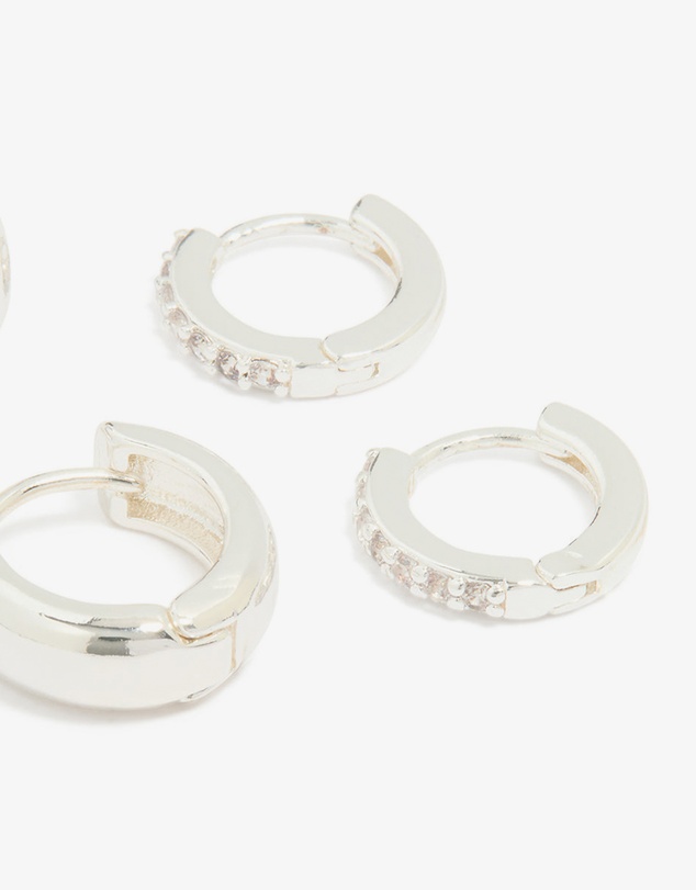 Lovisa - Silver Plated Brass Mini Cubic Zirconia & Plain Huggie Earrings 2-Pack