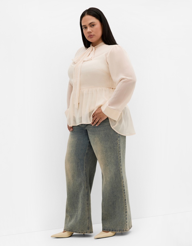 City Chic - Plus size Kara Stud Tie Neck Top - cream