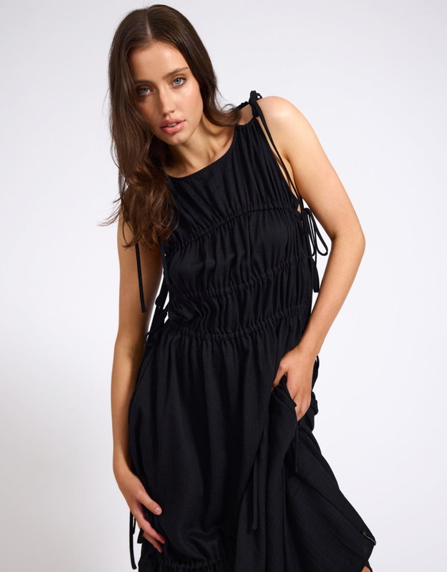 ONE TEASPOON - Evelyn Gathered Ruched Maxi Dress - Black