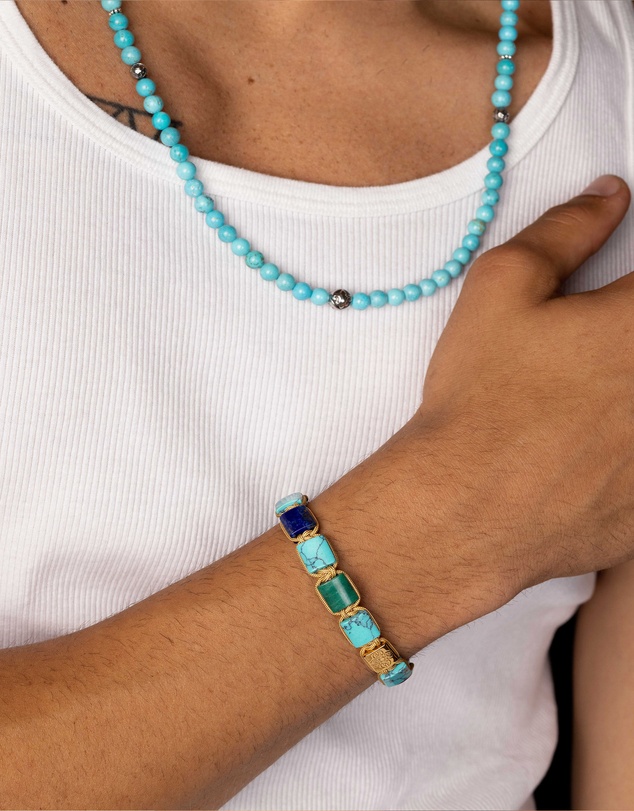 Nialaya Jewellery - The Dorje Flatbead Collection - Turquoise, Blue Lapis, Red Jade, Brown Tiger Eye and Green Jade