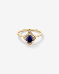 Michael Hill - Pear Cut Created Sapphire and Diamond Halo Ring in 10kt Yellow Gold