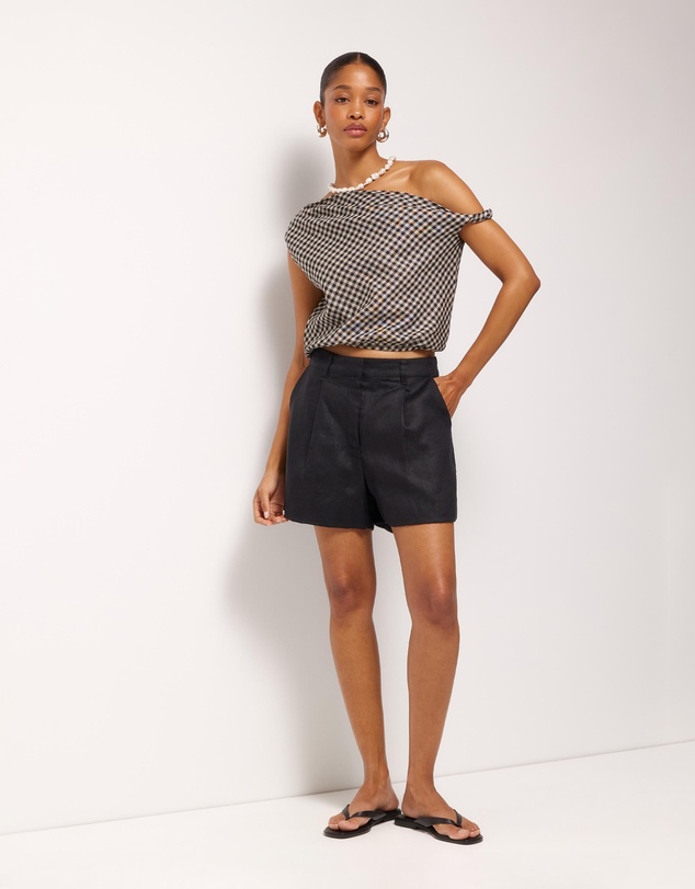 AERE - Isla Linen Gingham Off Shoulder Top