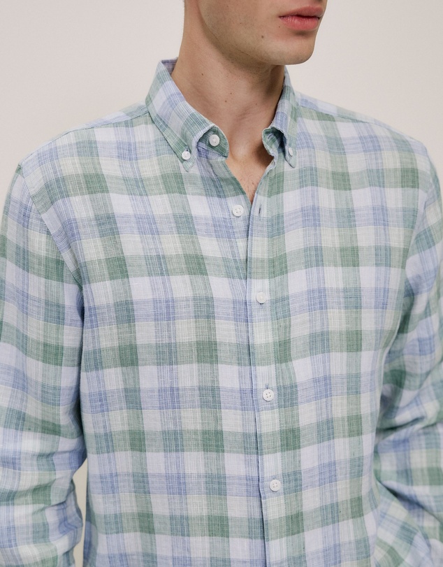 Trenery - Regular Fit Yarn Dyed Linen Check Shirt in Sage Green