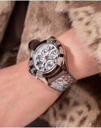 GUESS - ICONIC 40TH Logo 39mm Silver-Tone Case Brown Silicone Strap