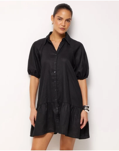 AERE - Joia Linen Puff Sleeve Mini Dress