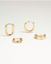 Lovisa - Gold Plated Brass Oval Plain & Cubic Zirconia Huggie Earrings 2-Pack