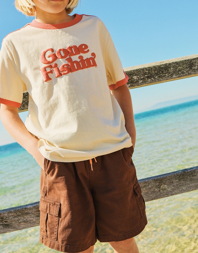 Skwosh - Gone Fishin Kids Boxy Ringer Tee in Off White
