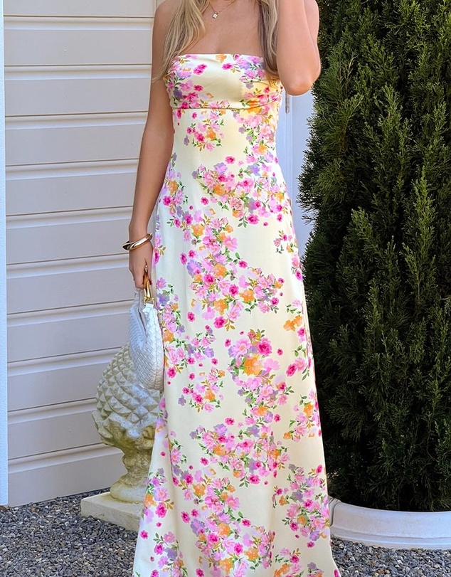 Beginning Boutique - Blaise Yellow Bloom Satin Maxi Dress