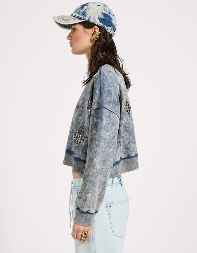 ONE TEASPOON - Fleece Cropped Star Studded Sweater - Acid Wash Blue