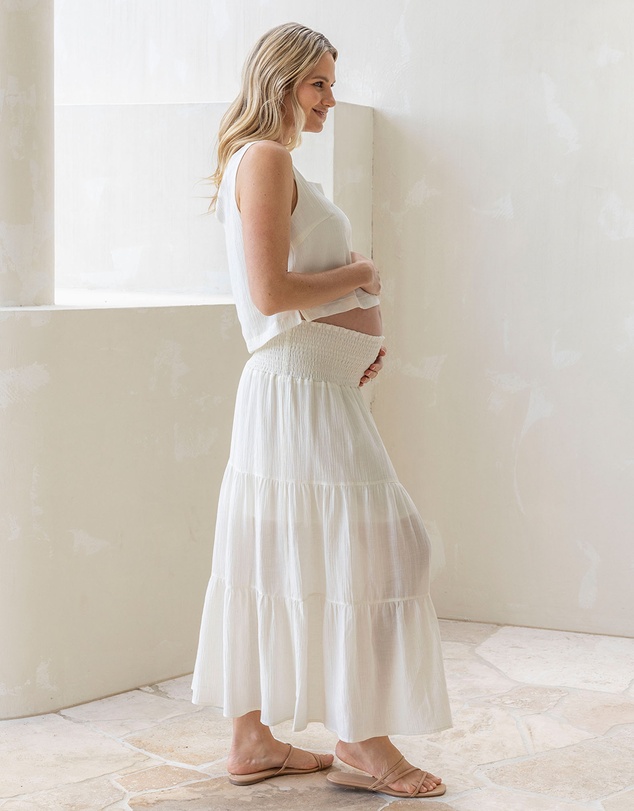 Angel Maternity - Ellie Maternity Shirred Maxi Skirt in White