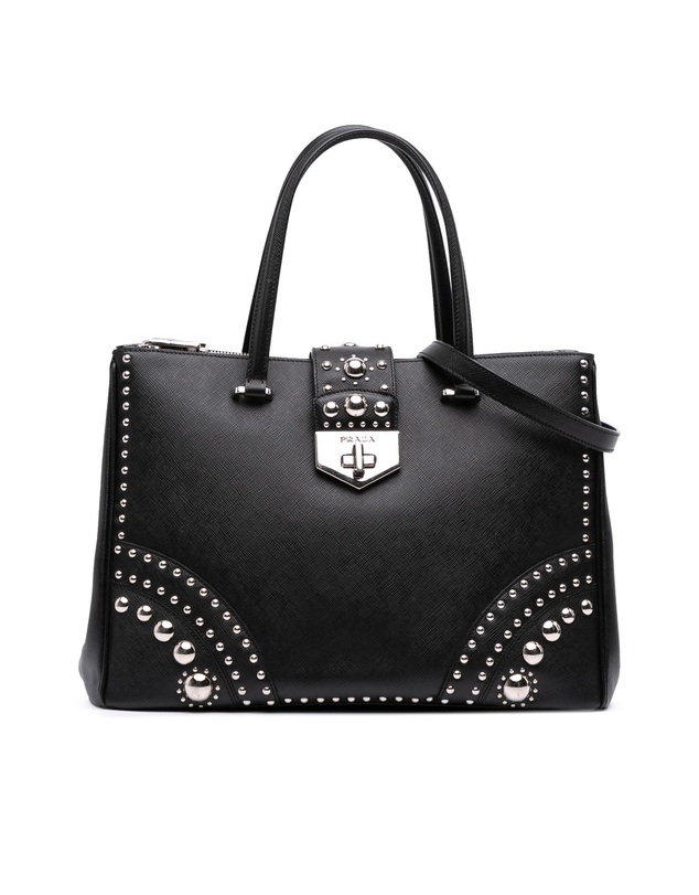 Prada - Pre-Loved Saffiano Turnlock Double Zip Studded Tote