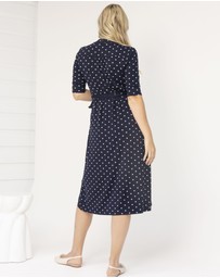 Angel Maternity - Eve Maternity Midi Wrap Dress in Navy Polka Dots