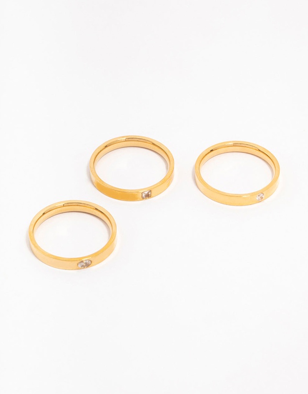 Lovisa - Waterproof Gold Plated Stainless Steel Cubic Zirconia Stacking Rings 3-Pack