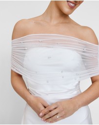Six Stories - Bardot Detail Pearl Satin Midaxi Dress