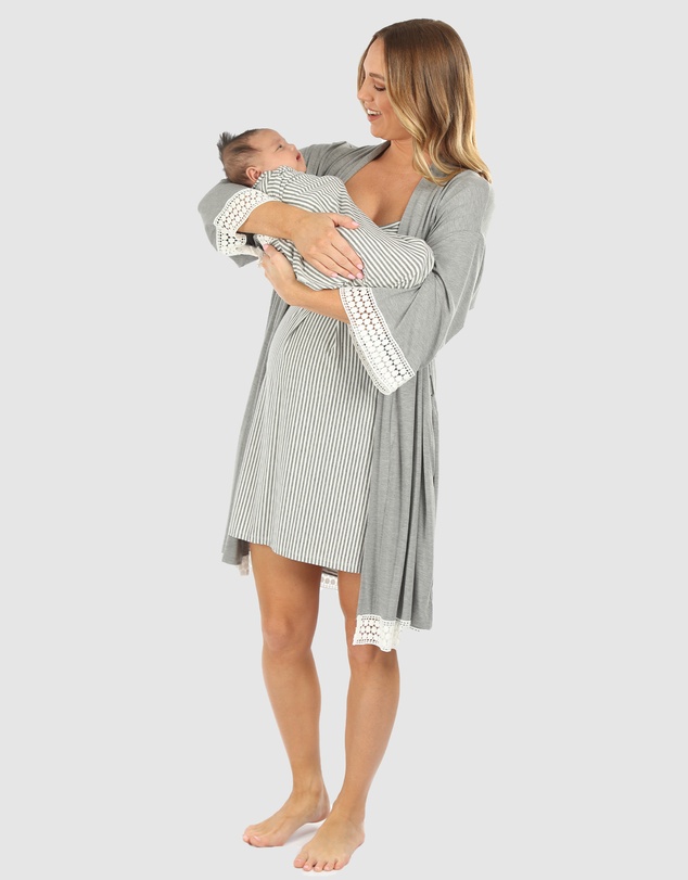 Angel Maternity - 3 Piece Hospital Pack - Nursing Dress + Lace Robe + Baby Wrap Set