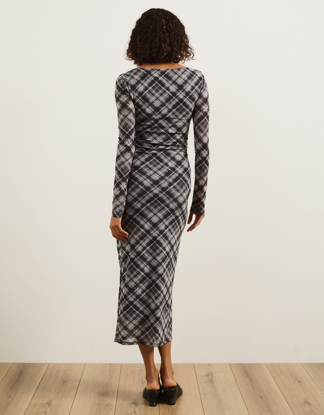 Atmos&Here - Ada Check Printed Mesh Long Sleeve Dress