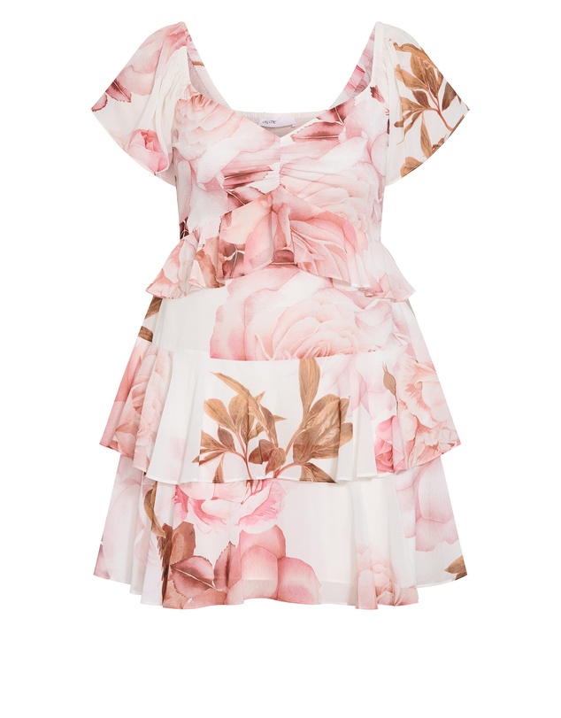 City Chic - Plus size Sienna Petal Print Tier Mini Dress - cream