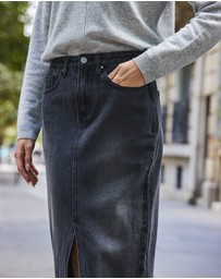 Sosandar - Charcoal Grey Longline Denim Midi Skirt