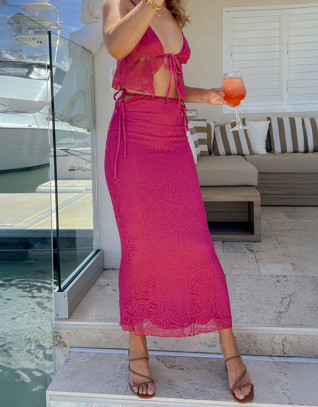 Beginning Boutique - Alexia Fuschia Lace Tie Up Maxi Skirt