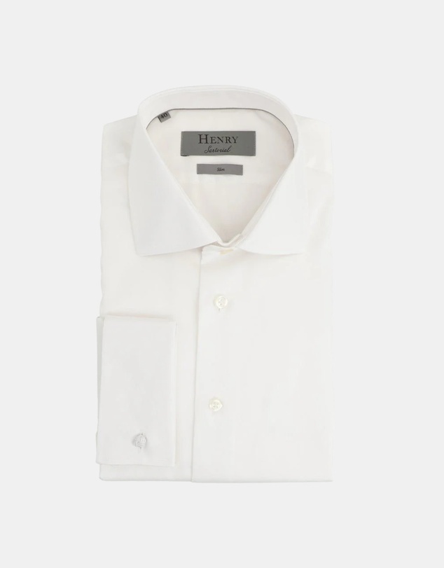 Henry Bucks - HENRY SARTORIAL Slim Plain Twill Shirt Double Cuff WHITE