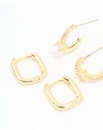 Lovisa - Gold Plated Brass Cubic Zirconia & Plain Rectangle Earrings 4-Pack