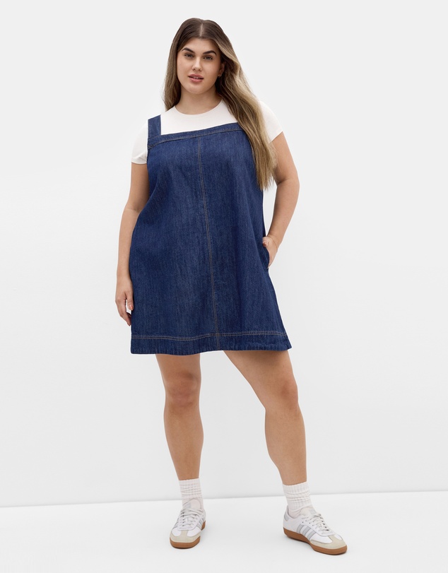 City Chic - Plus size Dana Pinny Denim Mini Dress - dark wash