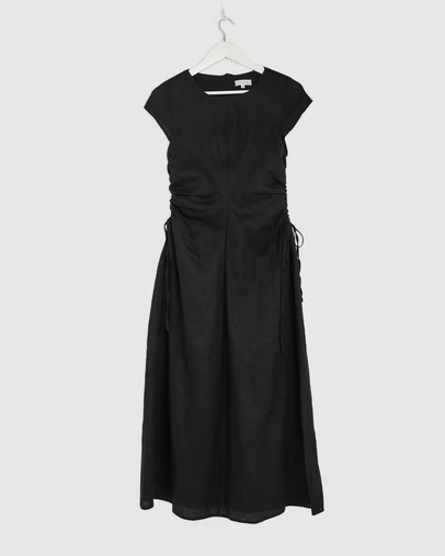 Revibe - Repaired AERE Lucia Ruched Linen Midi Dress - AU 10