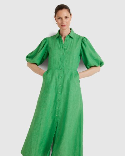 Linen Delave Gathered Sleeve Shirt Dress