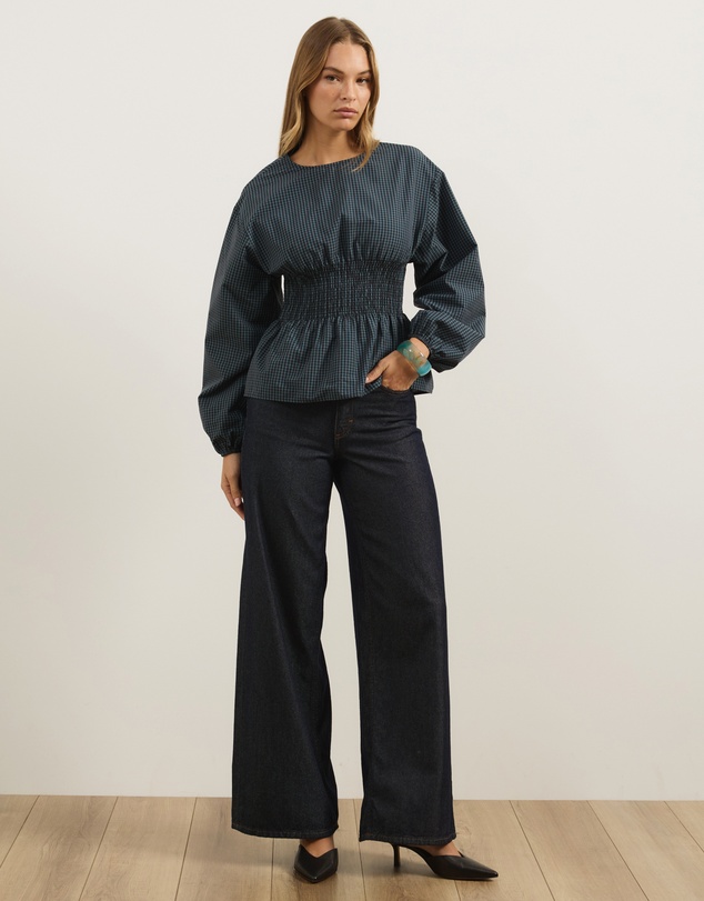 Atmos&Here - Nerissa Check Smocked Long Sleeve Top