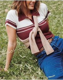Petal & Pup - Maris Knit Polo Top - Burgundy/Cream Stripe