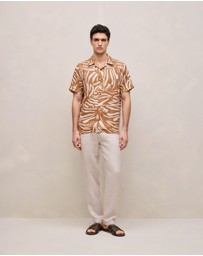 Trenery - Brushstroke Linen Camp Shirt in Butterscotch Brown