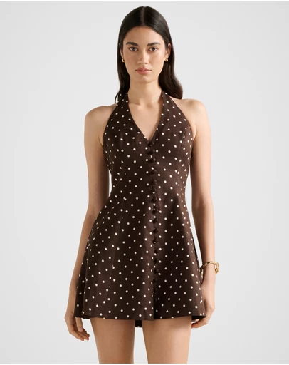 Forever New - Ina Button Front Halter Neck Linen Mini Dress