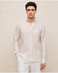 Trenery - Regular Fit Linen Bengal Stripe Shirt in Sand