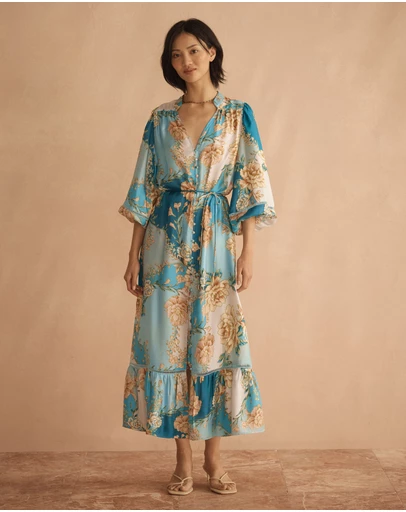 AUR OCEA - Silk Blousson Frill Midi Dress