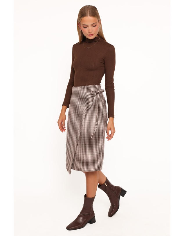 Petal & Pup - Ariela Wrap Front Midi Skirt - Brown Houndstooth