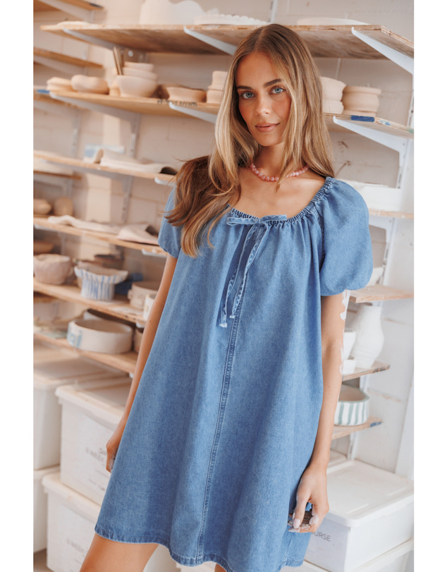 Petal & Pup - Farren Mini Dress - Mid Wash Denim Blue