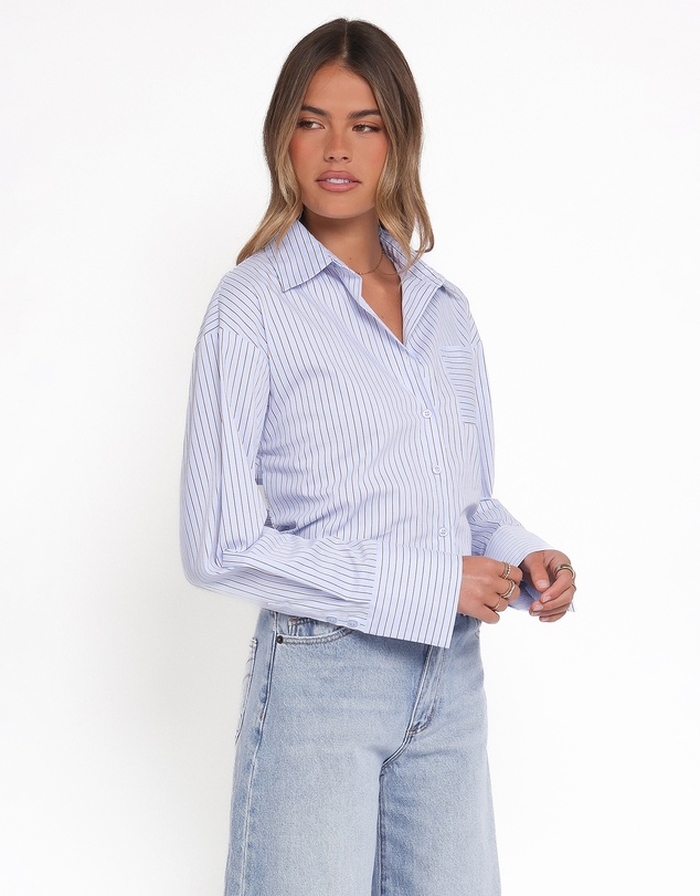 Petal & Pup - Vienne Tie Back Button Up Shirt - Blue/Brown Stripe