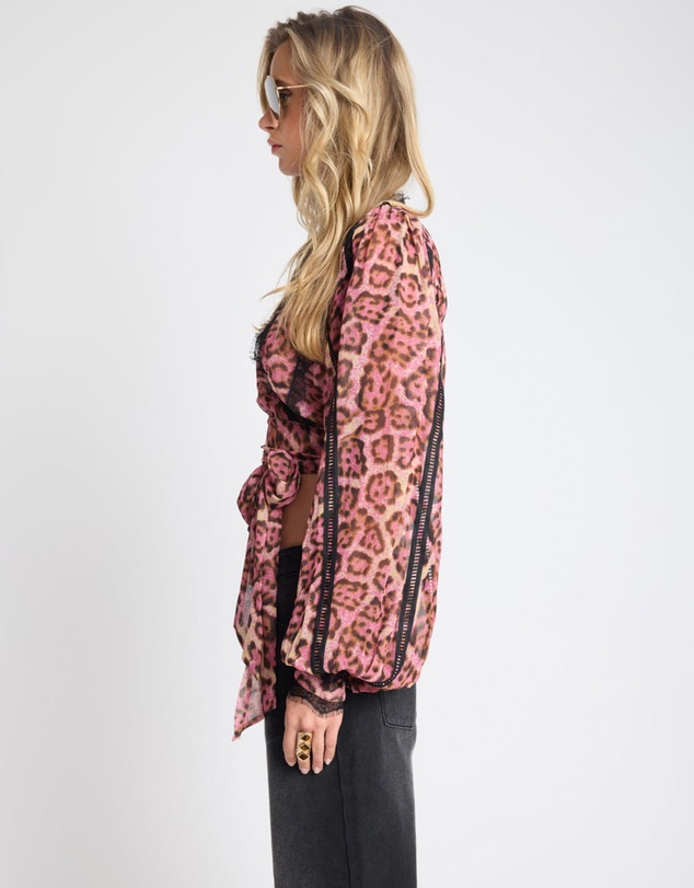 ONE TEASPOON - Songbird Sheer Balloon Sleeve Tie-Up Blouse - Pink Leopard