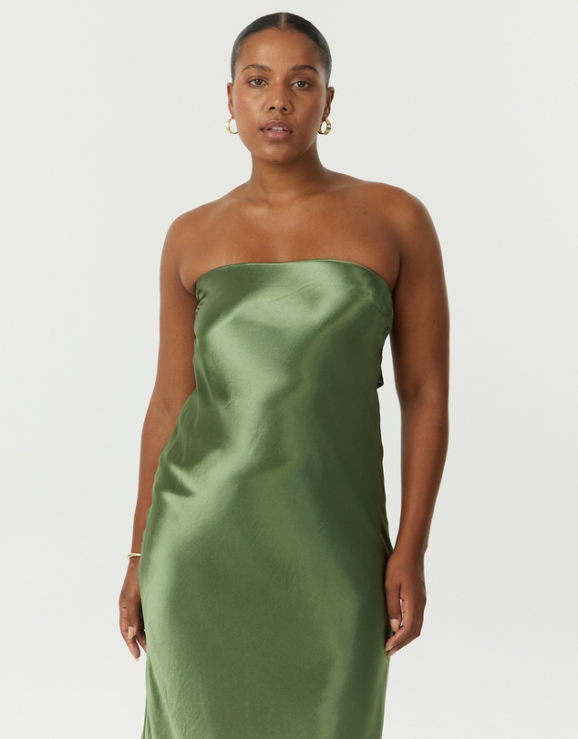 Third Form - Satin Tie Back Strapless Midi Dress