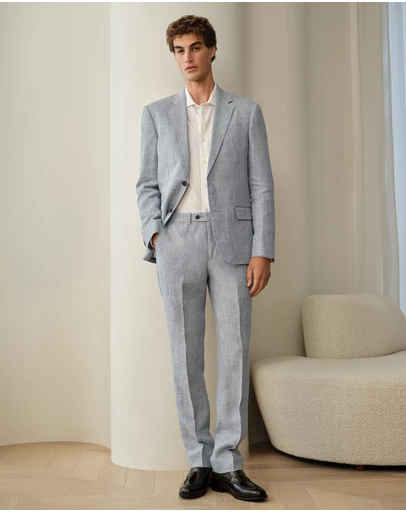Trenery - Textured Linen Straight Leg Trouser in Smoke Blue