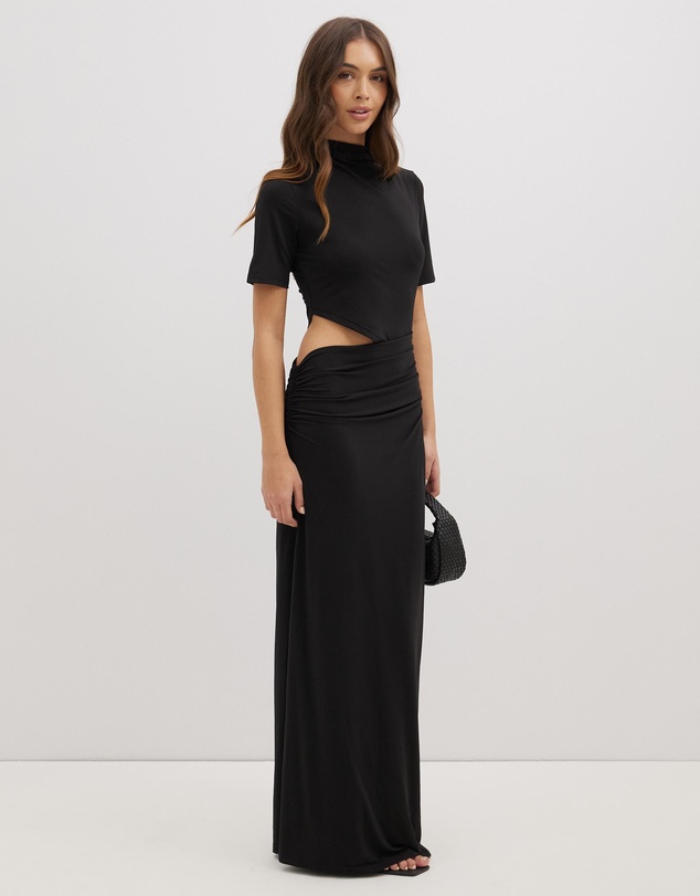 Dazie - Evening Gem Ruched Cut Out Short Sleeve Jersey Maxi Dress