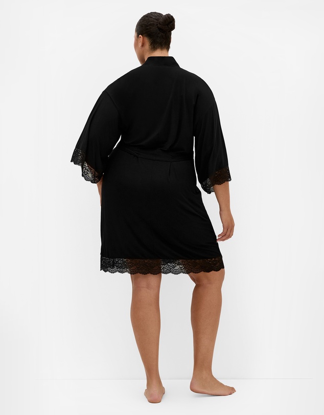 City Chic - Plus size Gizelle Lace Trim Sleep Robe - black