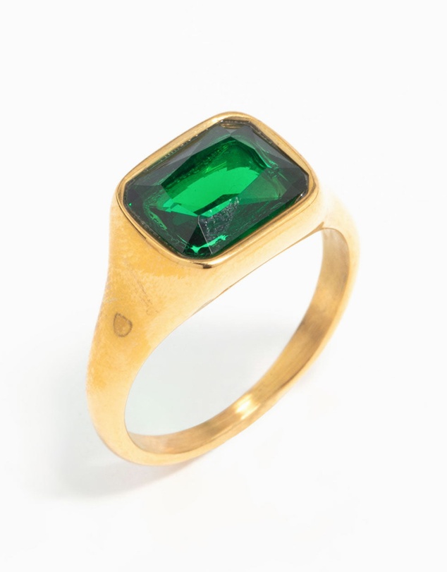 Lovisa - Waterproof Gold Plated Stainless Steel Opulent Green Cubic Zirconia Signet Ring