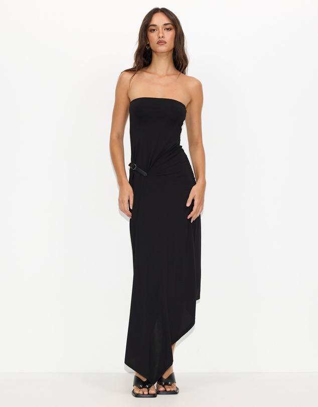 Dazie - Cleo Strapless Belted Asymmetrical Midi Dress
