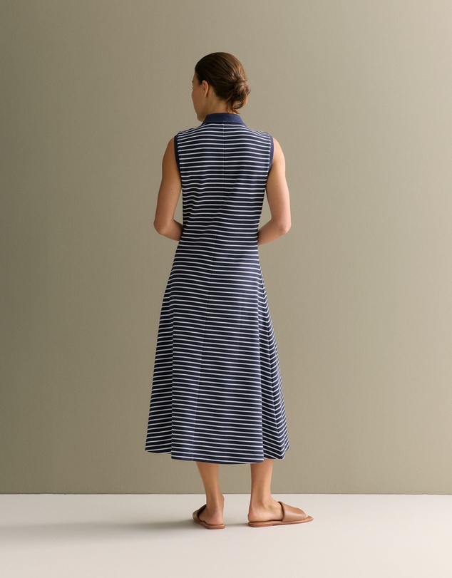 Trenery - Cotton Pique Stripe Sleeveless Polo Dress in Navy