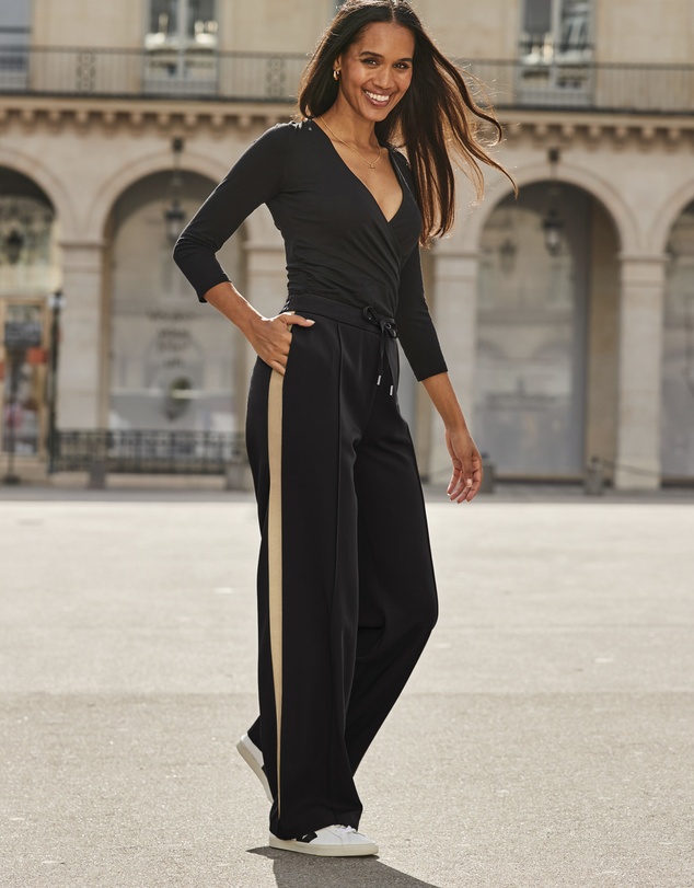Sosandar - Black & Camel Side Stripe Wide Leg Trousers
